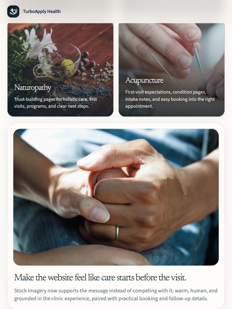 TurboApply Health iPad service cards and care section